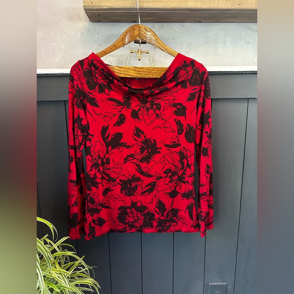 TALBOTS‎ Boatneck Cowl Floral Red and Black Women's Top size Medium